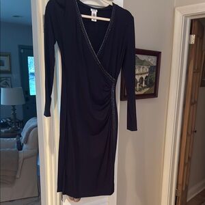 Cache Navy Long Sleeve Dress with Embellished Trim